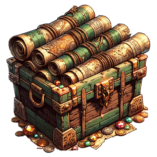 A bountiful chest with maps falling out of it.